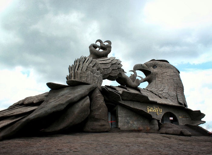 Close-up shot of the Jatayu Earth Sculpture highlighting the craftsmanship and realistic features of the sculpture