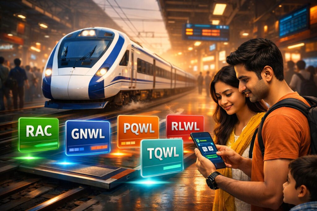 Indian Railways ticket status codes RAC, GNWL, PQWL, RLWL, TQWL with a modern train and passengers checking PNR status.